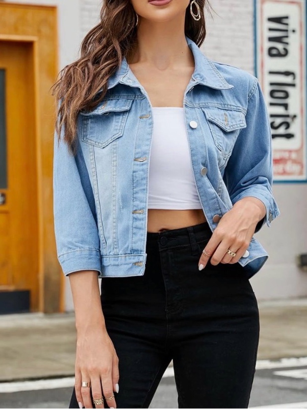 Women 3/4 Sleeve Short Denim Jacket Light Cropped Jean Jackets Coats, Light Blue
